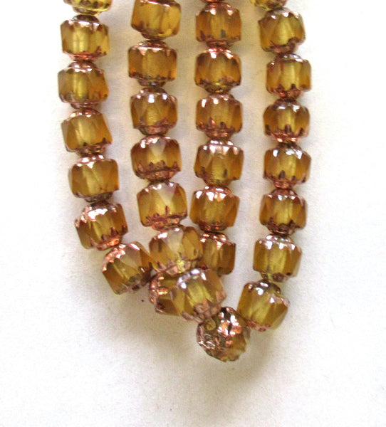 20 6mm Czech glass antique cut cathedral beads - light topaz w/ copper picasso accents - faceted fire polished beads - C00611