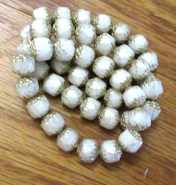 Lot of 15 8mm Czech glass cathedral beads - opaque off white w/ gold picasso accents - faceted fire polished antique cut beads C00081