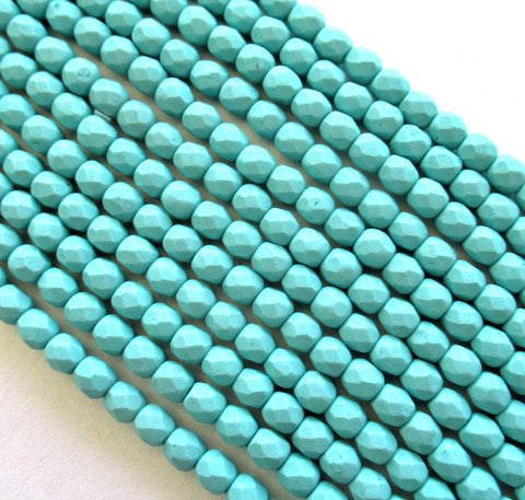 Fifty 4mm Czech glass beads - opaque matte saturated teal / turquoise blue green - fire polished faceted round beads - C0099