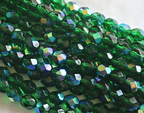 Lot of 25 6mm Emerald Green AB Czech Glass beads, firepolished faceted round glass beads C7501