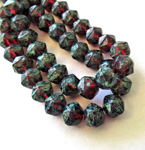 20 8mm Czech glass faceted English cut beads - garnet red with a full picasso finish - rustic earthy beads - C00111