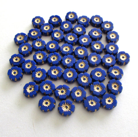 15 8mm Czech glass flower beads - opaque royal blue with gold accents - table cut, carved Hawaiian flower beads C00431