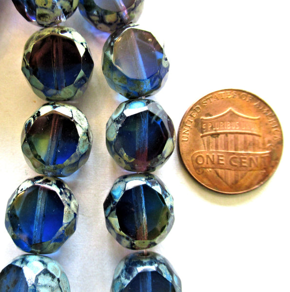 Six 12mm round faceted table cut Czech glass beads - blue & amethyst picasso mix - 2 cut window beads - chunky statement beads 00651