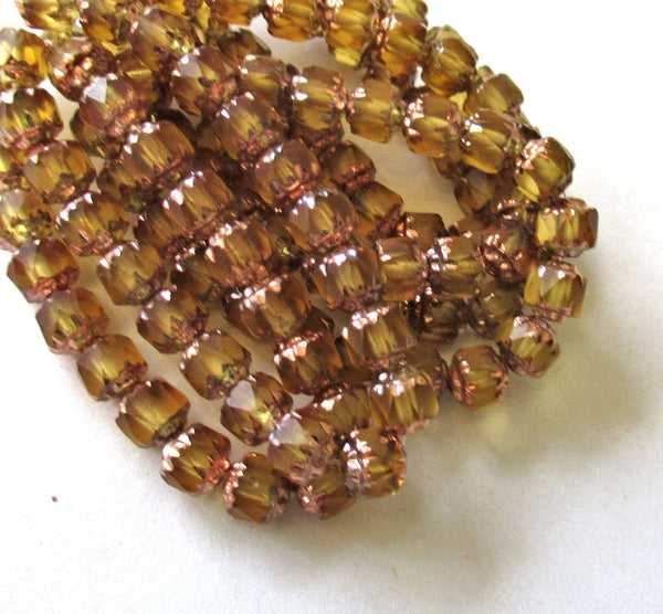 20 6mm Czech glass antique cut cathedral beads - light topaz w/ copper picasso accents - faceted fire polished beads - C00611