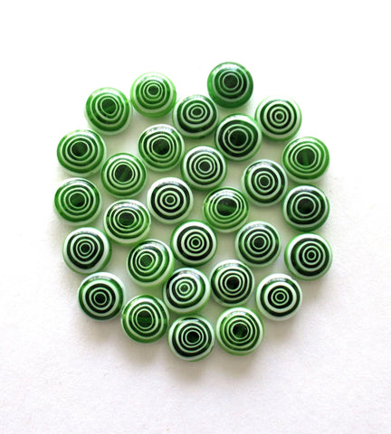 Ten 10mm glass coin beads - emerald green and white disc beads - target or concentric circles beads - C0001