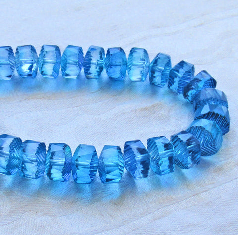 Six Czech glass faceted wavy rondelle beads - large 14 x 6mm aqua blue AB chunky rondelles - C38101