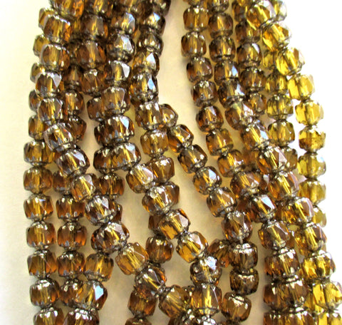 Lot of 25 Czech glass antique cut crown beads - topaz brown w/ silver picasso accents - faceted, fire polished beads - C00201