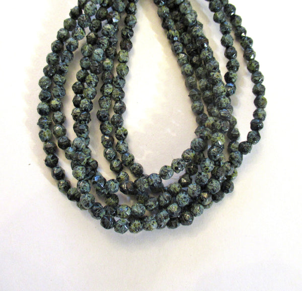 50 4mm Czech glass English cut faceted beads - jet black beads with a full picasso coat - C0057