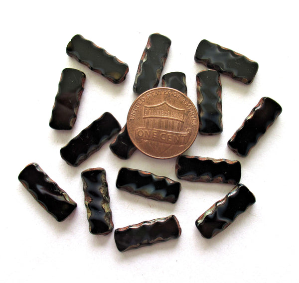 Czech glass rectangle tube beads - black picasso beads with serrated edges - long flat table cut beads - 17 x 7mm - 15 pieces - C00051