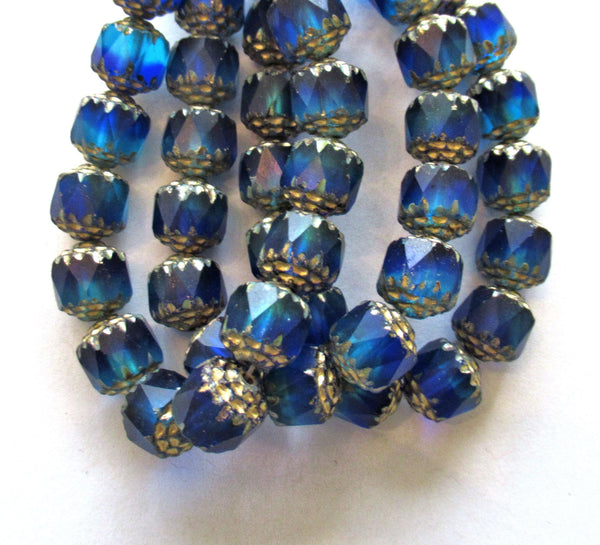 Fifteen 8mm Czech glass cathedral beads - sapphire & aqua blue mix w/ gold picasso accents - faceted fire polished antique cut beads C00302