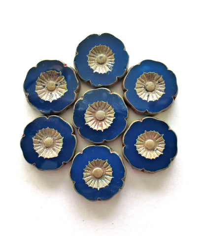 Two large 22mm Czech glass flower beads - Table cut carved blue picasso beads - Hawaiian hibiscus focal flower beads - 00881