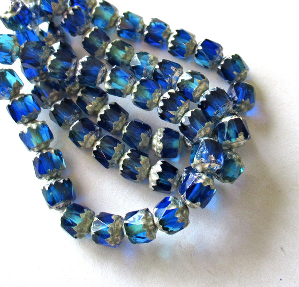 20 6mm Czech glass cathedral beads - sapphire & aqua blue mix w/ silver picasso accents - faceted fire polished antique cut beads C00081