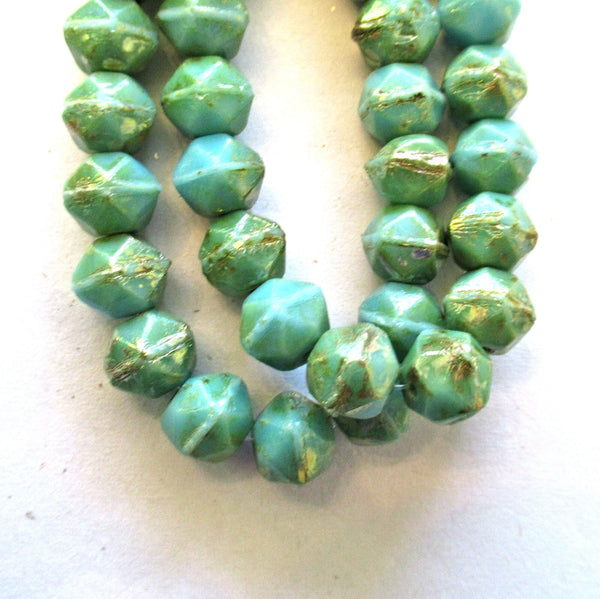 20 8mm Czech glass faceted English cut beads - turquoise blue green beads with a picasso finish - C00031