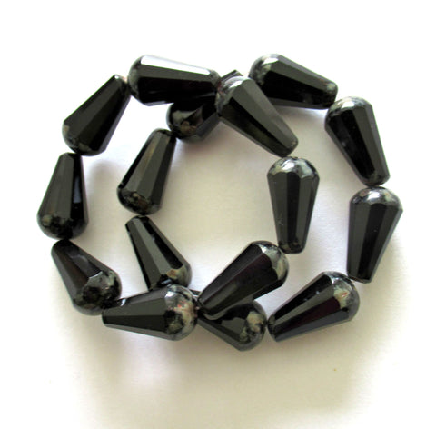 8 Czech glass faceted teardrop beads - 8 x 15mm jet black with a picasso finish on the ends - large drop beads - 00591