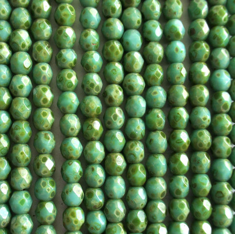 50 Turquoise Blue Green Picasso Czech glass beads - 4mm - fire polished faceted round beads - C0008