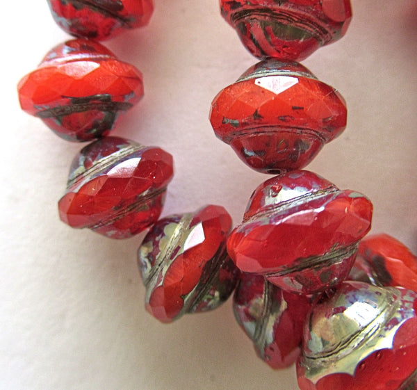 15 faceted Czech glass saturn or saucer beads - translucent red with a silver picasso finish - 8mm x 10mm - C00971