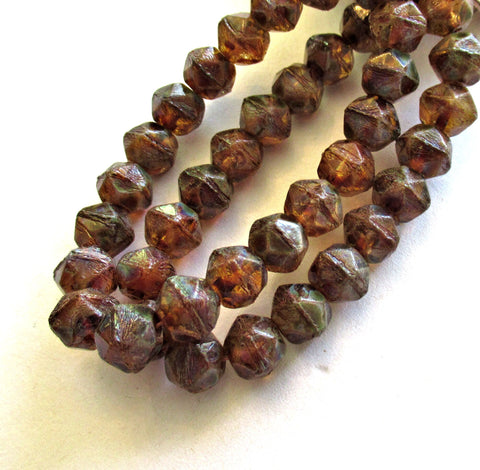 20 8mm Czech glass faceted English cut beads - topaz brown with a full picasso finish - rustic earthy beads - C00051