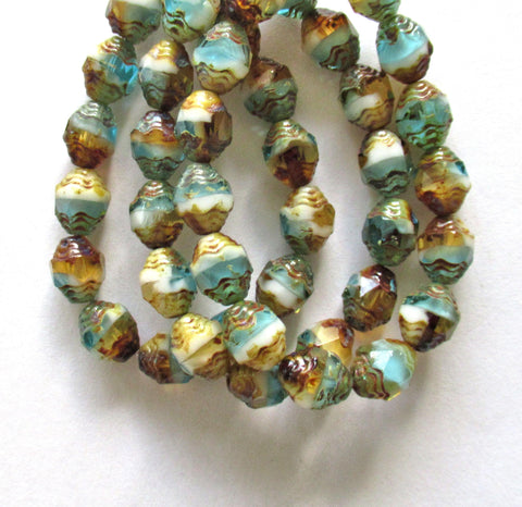 15 Czech glass mini antique style faceted oval beads - 8 x 6mm amber blue and white color mix beads with a picasso finish - C00071