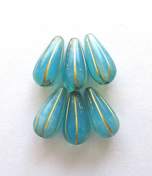 Six large Czech glass teardrop melon beads - blue opal w/ gold accents - 22 x 11mm tear drop beads 00571