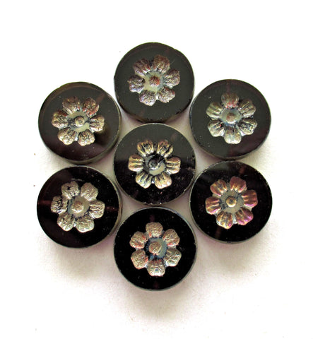 Six 16mm Czech glass flower beads - transparent amethyst purple picasso beads - thick floral coin beads - table cut carved - C00891