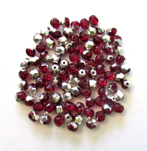 25 6mm Czech glass beads - garnet red & silver faceted fire polished round beads, C0005