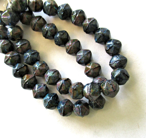 20 8mm Czech glass faceted English cut beads - dark blue with a full picasso coat - rustic earthy beads - C0089