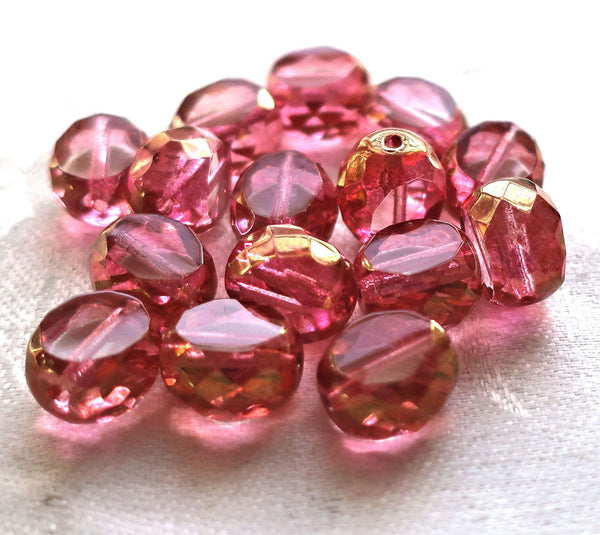 Five 12mm round, faceted. table cut Czech glass beads, pink & gold picasso window beads,, chunky statement , focal beads 611101