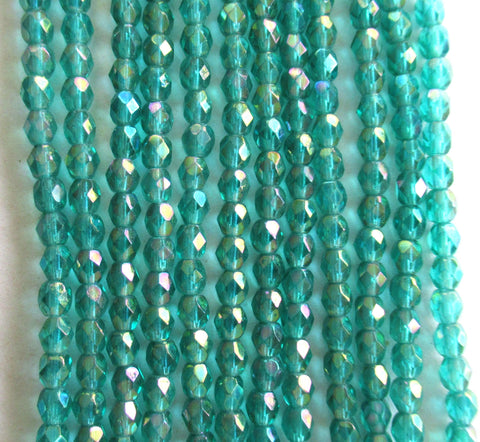 Lot of 50 4mm Czech round glass beads - light teal blue green luster iris - faceted fire polished beads C0075