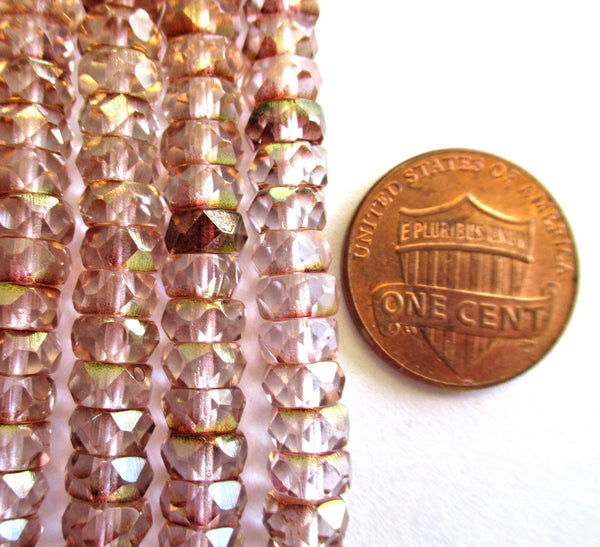 50 6 x 3mm Czech glass faceted rondelle beads - transparent luster pink & crystal spacer beads - C00101