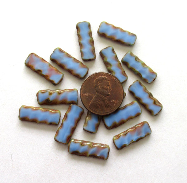 Czech glass rectangle tube beads - blue picasso beads - serrated edges - long flat table cut beads - 17 x 7mm - 15 pieces - C00051