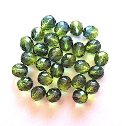 Twenty Czech glass fire polished faceted round beads - 10mm olive green or olivine & blue beads C00031