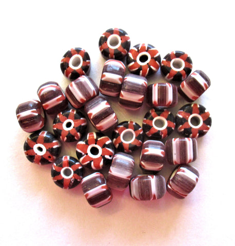 Ten gray, black, white & red striped chevron glass barrel beads - big hole rustic beads - approx 9x 7mm C0086