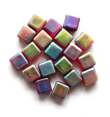 Ten large square Czech glass beads - 11mm - red beads with an iridescent rainbow ab finish - C00711