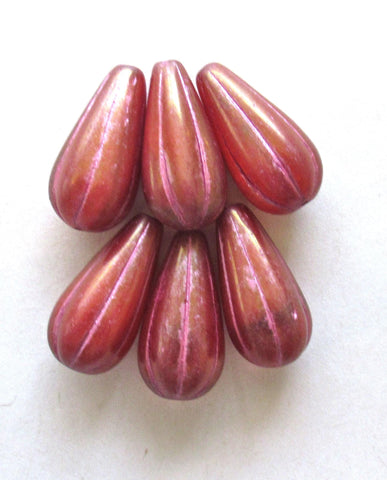 Six large Czech glass teardrop melon beads - luster pink opal w/ a pink wash - 22 x 11mm tear drops 00362