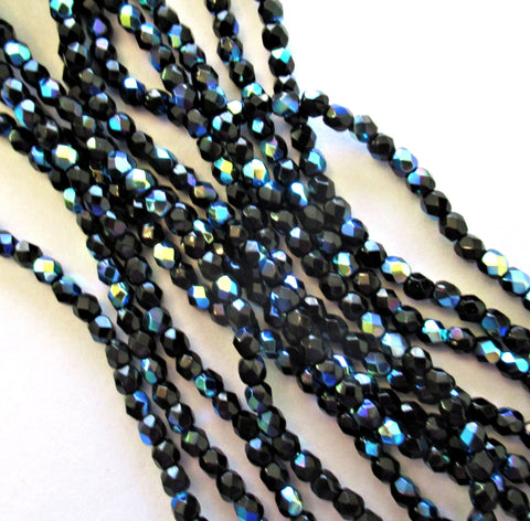 Fifty 3mm Czech glass beads - jet black ab - round faceted fire polished beads - C0094