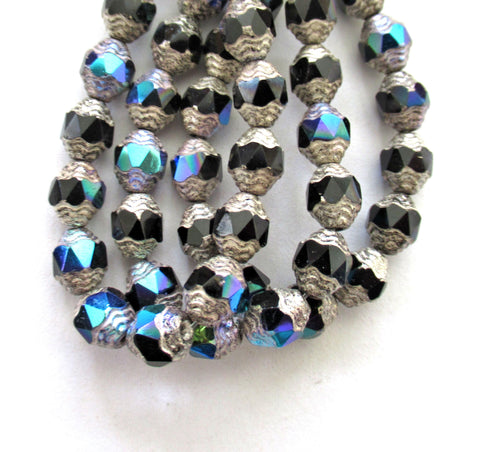 15 Czech glass mini antique style oval beads - 8 x 6mm jet black ab beads with silver accents - faceted fire polished beads - C00071