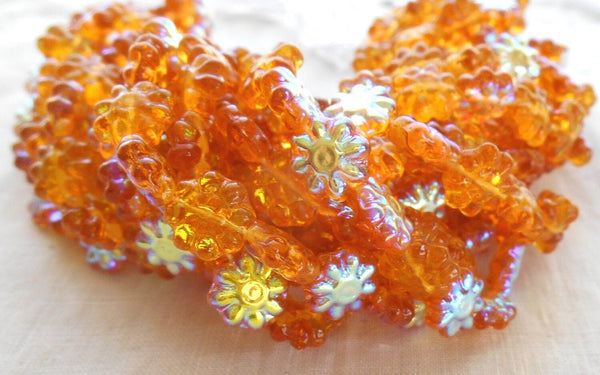 25 9mm Topaz AB Daisy Discs Czech pressed glass Amber AB flower beads, C0093