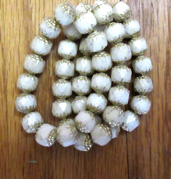 Lot of 15 8mm Czech glass cathedral beads - opaque off white w/ gold picasso accents - faceted fire polished antique cut beads C00081