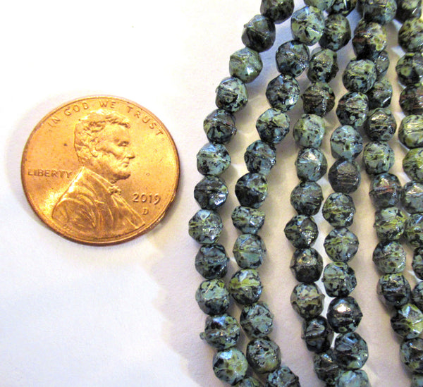 50 4mm Czech glass English cut faceted beads - jet black beads with a full picasso coat - C0057