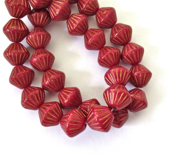 Five Czech glass bicones - 11mm x 10mm - opaque red with copper accents - carved chunky rustic bicone beads C0077