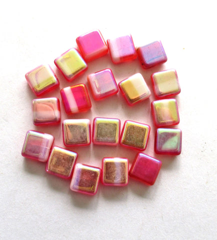 Ten large square Czech glass beads - 11mm - orange & white beads with an iridescent ab finish - C00711