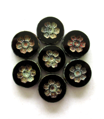 Six 16mm Czech glass flower beads - opaque black picasso beads - thick floral coin beads - table cut carved - C00891