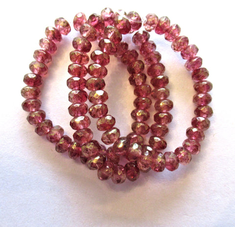 Lot of 30 small Czech glass puffy rondelle beads - 3mm x 5mm pink gold luster faceted fire polished rondelles Czech - 00031