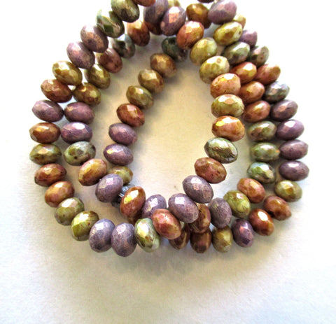 30 small Czech glass faceted puffy rondelles - 3 x 5mm opaque color mix w/ picasso accents - earthy rustic rondelle beads 00041