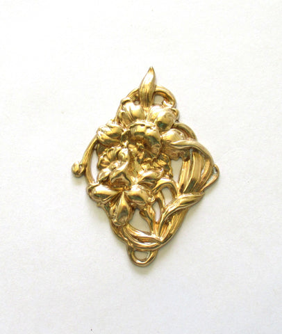 1 large floral raw brass stamping - Victorian Flower connector - pendant - ornament - component - 2.75" x 2"inches - made in the USA C00001