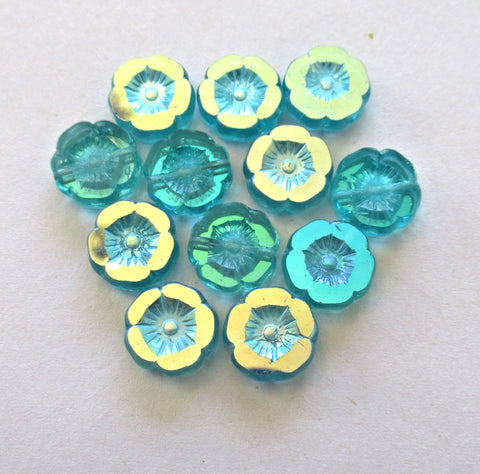 12 Czech glass flower beads - 12mm table cut, carved - aqua blue with a mirror ab finish - Hawaiian hibiscus floral beads C00012