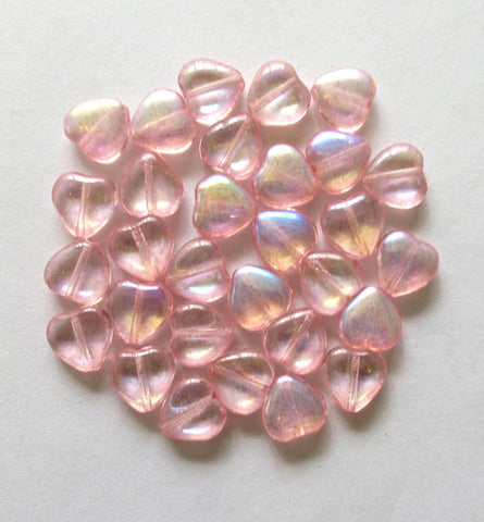 15 Czech glass heart beads - 10mm transparent pink ab beads - C00011