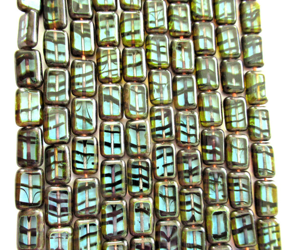 24 Czech glass rectangle beads - transparent light teal blue green tortoiseshell picasso table cut beads - tortoise shell - C00612