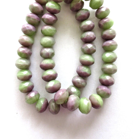 25 Czech glass puffy rondelles - marbled mix of opaque light purple & green - 6 x 9mm - faceted donut beads, C00662