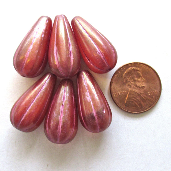 Six large Czech glass teardrop melon beads - luster pink opal w/ a pink wash - 22 x 11mm tear drops 00362